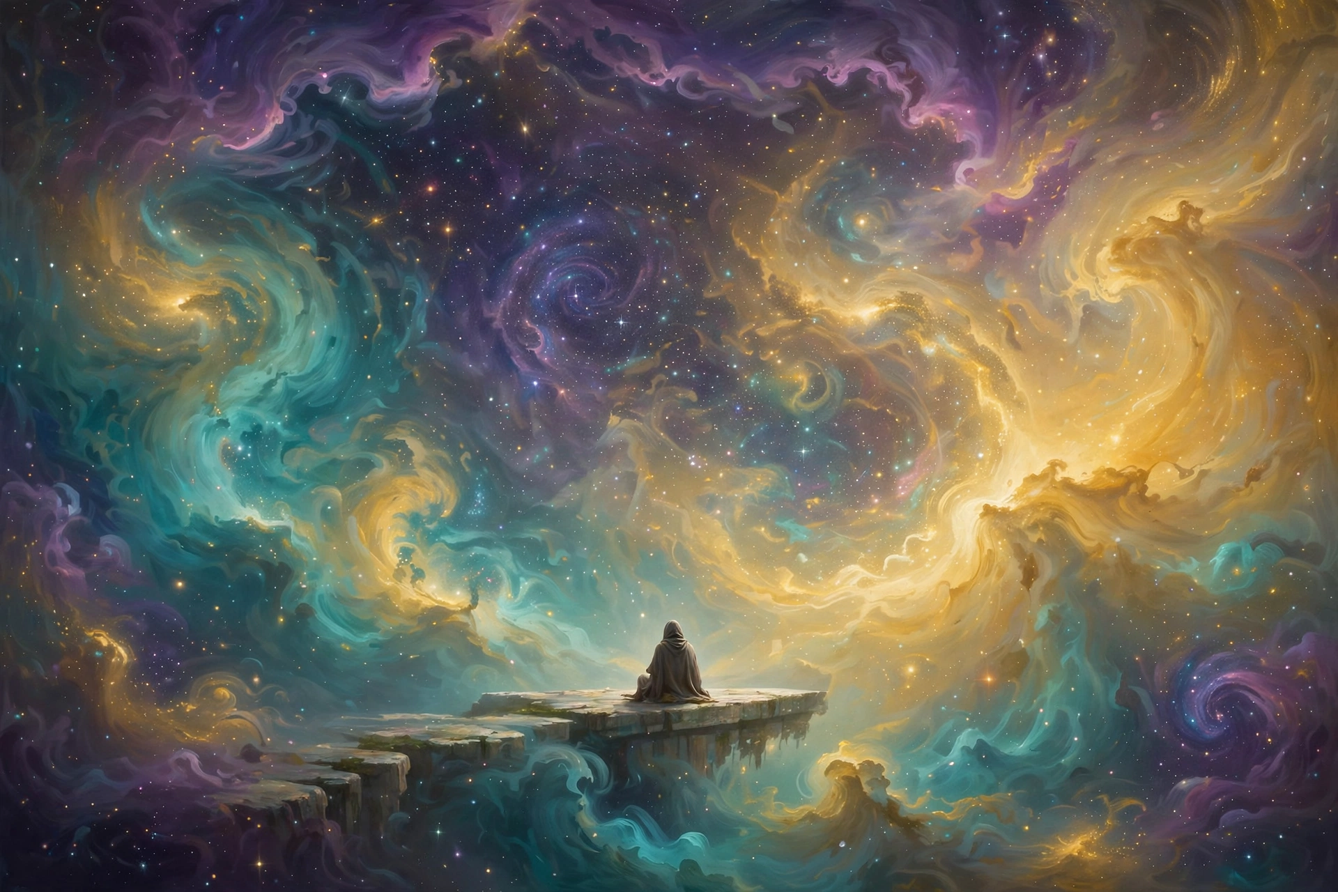 A lone figure sitting at the edge of a vast, swirling universe